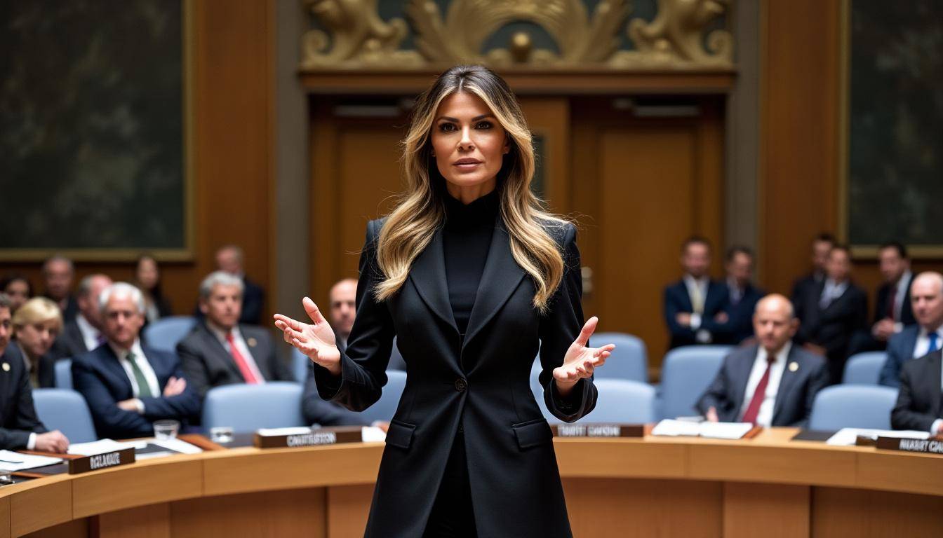 melania trump leads a un security council discussion focused on protecting children in conflict zones, addressing urgent global challenges and advocating for their safety and rights.